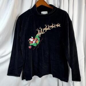 VTG Belle Pointe Black Velour Sweater Mock Neck Santa & Sleigh Embroidered XL